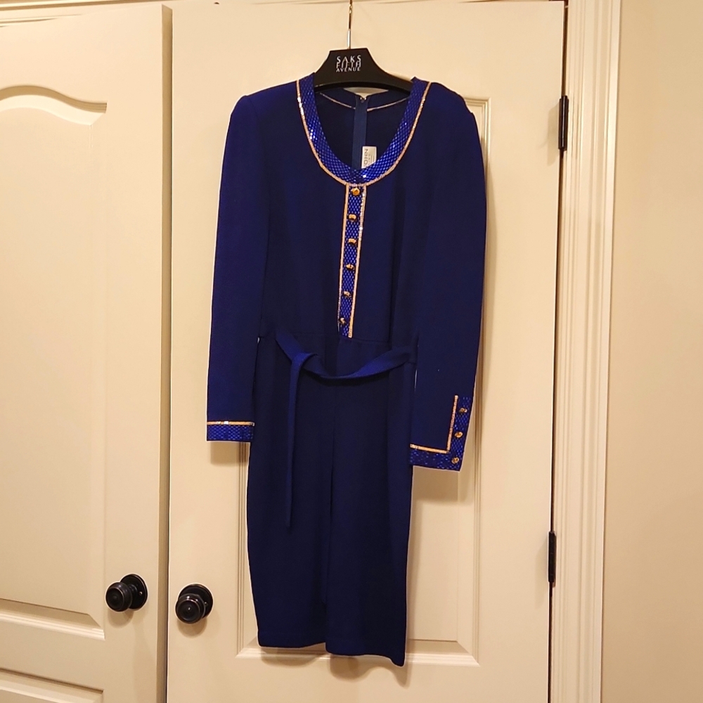 St. John Knit evening dress sz 8 royal blue and gold accents